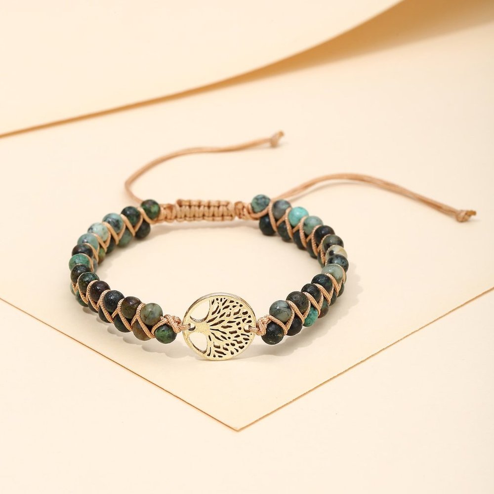 Natural 4mm African Jasper Stone Beaded Bracelet Tree of Life Charm Bracelet